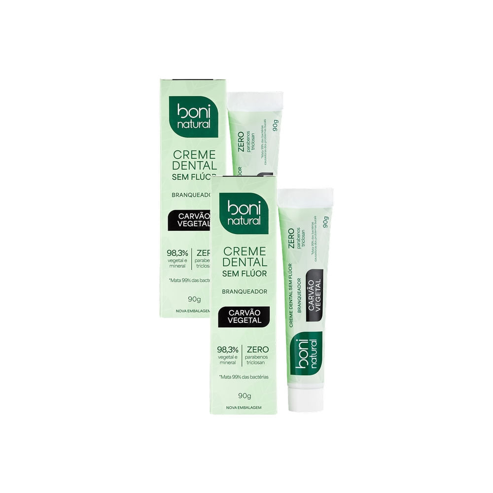 Kit 2 Creme Dental Boni Natural Branqueador Carvão Vegetal Sem Flúor 90g