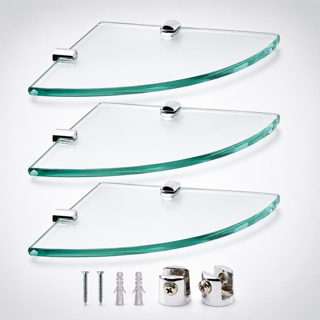 Kit 03 Prateleiras Multiuso Vidro para canto - Vidro Incolor com Suporte Metal Porta Objetos