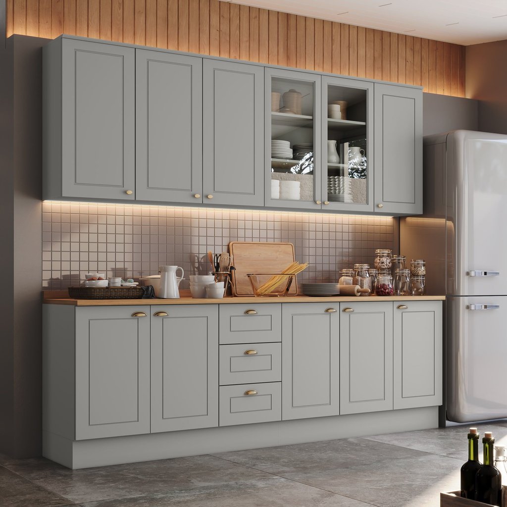 Cozinha Compacta 5 Peças 100% MDF com Balcão Pia com Tampo e Aéreo com Portas de Vidro Temperado Cinza/Nature