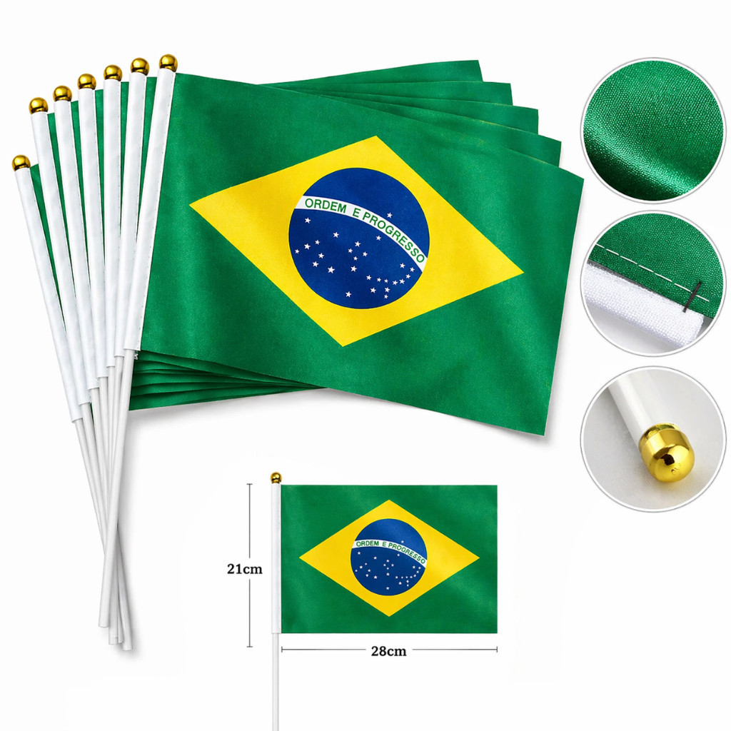 Kit 12/24/36 Bandeiras Com Haste Do Brasil De Mão Copa Do Mundo Bandeirinha Bandeirola Brasil Festa