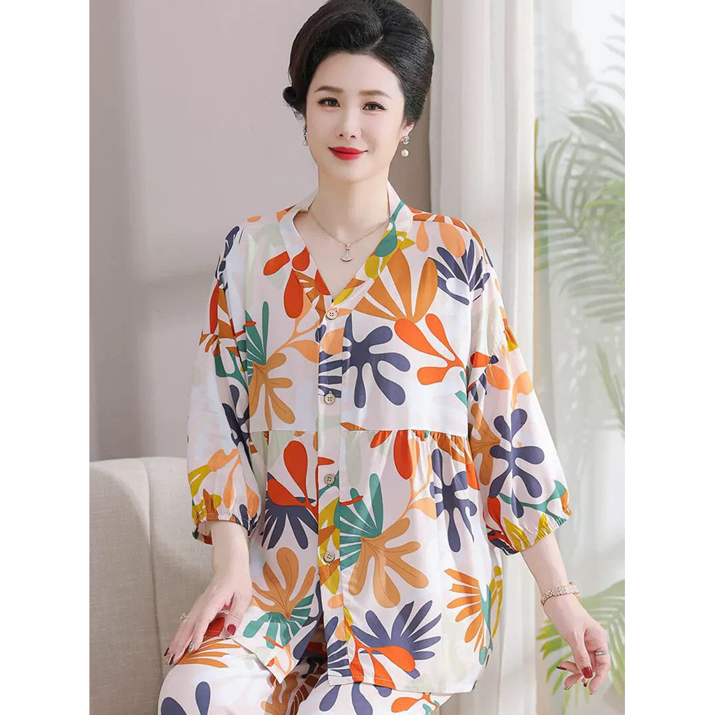 Cardigan algodão seda roupas femininas mãe pijamas feminino 2026 novo estilo verão pode usar fora roupas de casa botão f