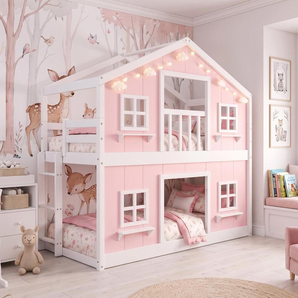 Beliche Infantil Montessoriano Casinha dos Sonhos com Fechamento Inferior em Madeira Maciça Rosa/Branco Housin