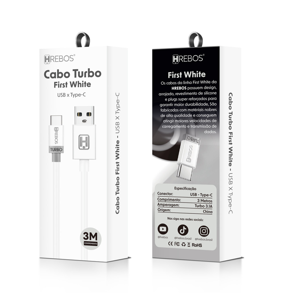 Cabo USB Turbo 3 1A Tipo C First White 3 Metros Branco Hrebos CB 046C