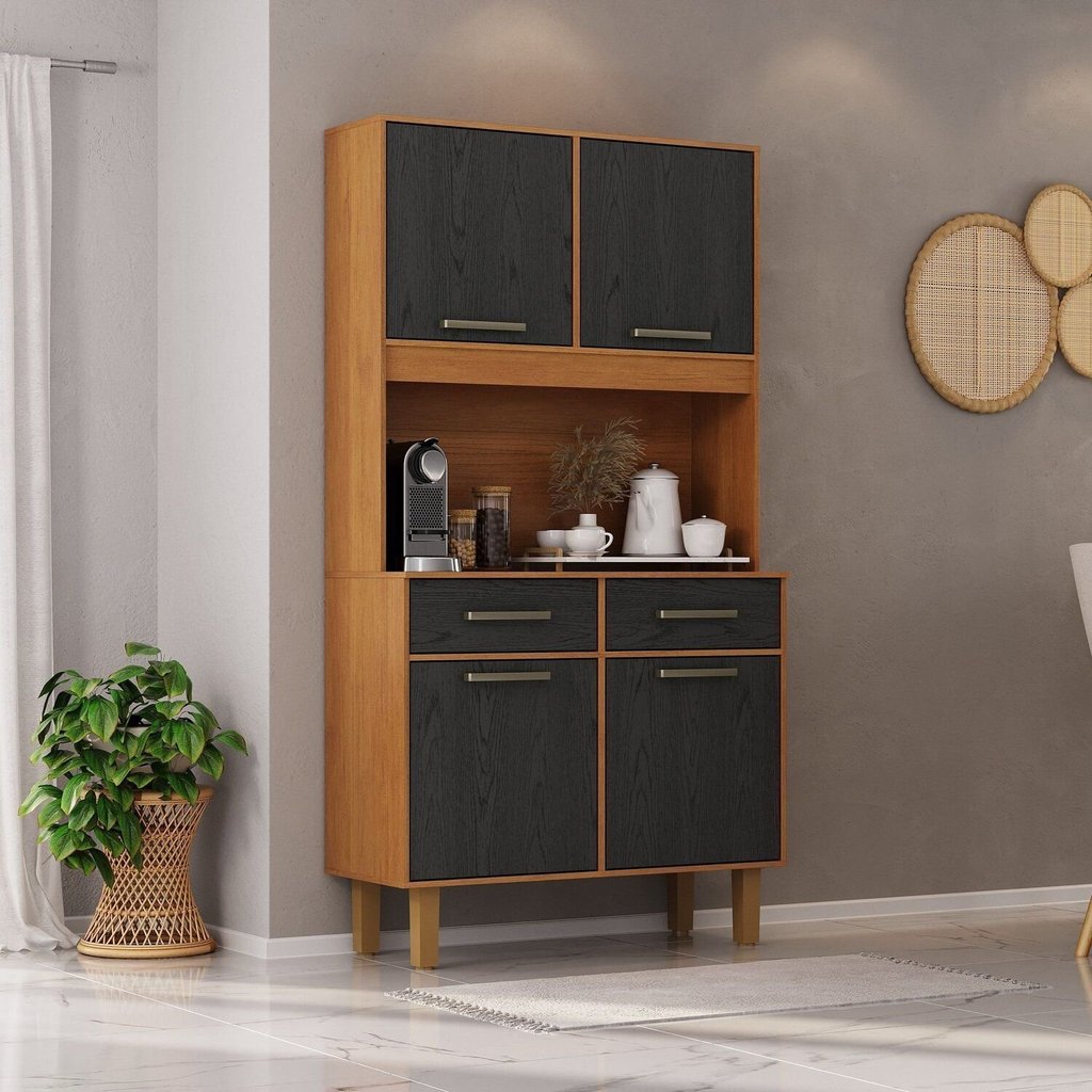 Kit Pop Plus - Armario para Cozinha MDP 4 Portas 2 Gavetas Marrom/Cinamomo/Preto