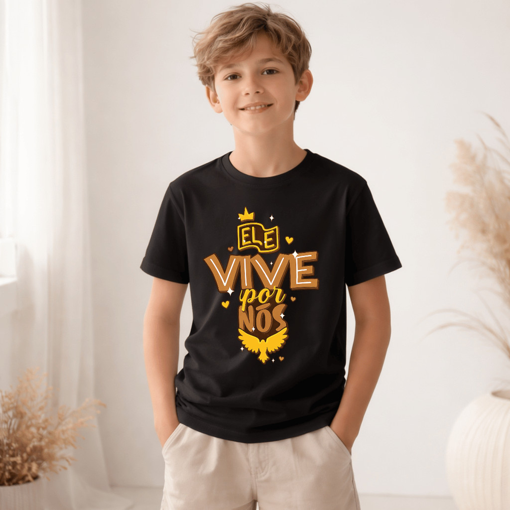 Camiseta Infantil e Juvenil Estampada Ele vive por nós 100% Algodão Premium Criança Personalizada Unissex Blusa Camisa