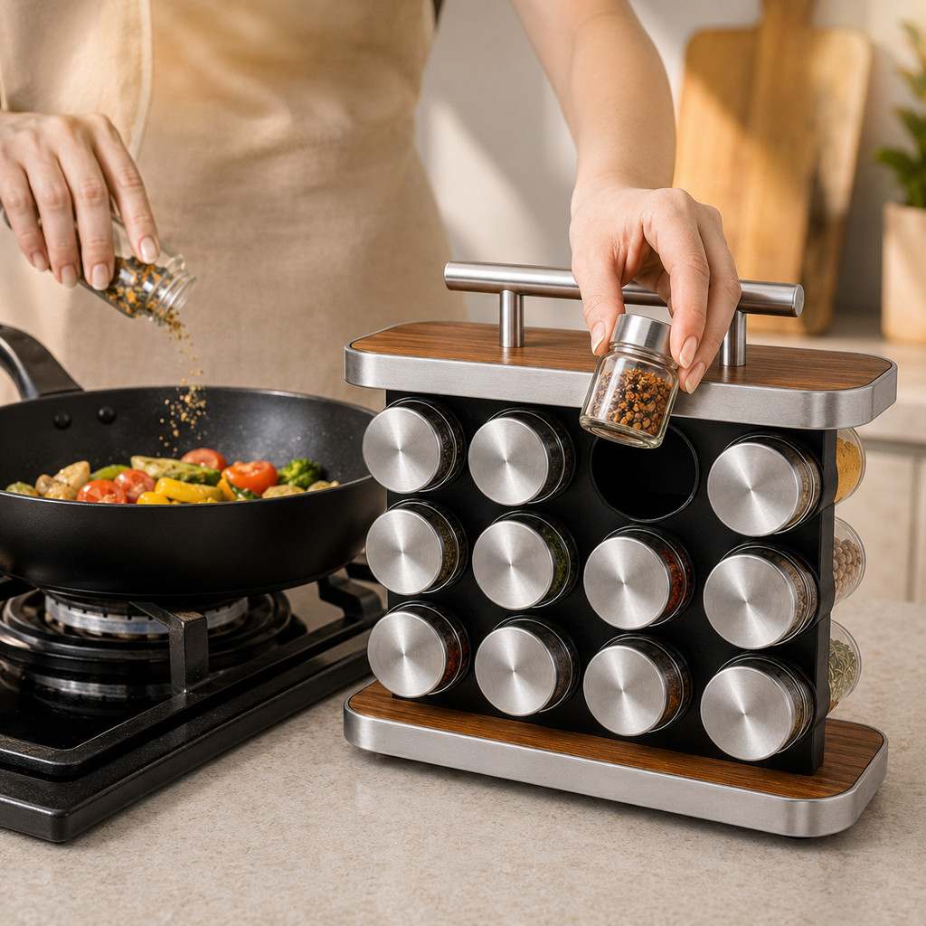 Kit Porta Temperos 12 Potes 90ml – Organizador de Cozinha com Base | Porta Condimentos e Especiarias