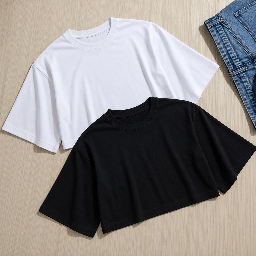 Kit 2 Cropped Oversized Streetwear Feminino Branco/Preto Blusas Básica Casual Fashion