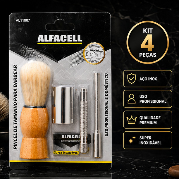 KIT 4 Peças Barbeiro Aço Inoxidável com Pincel Completo Presente Barbeiro Lâmina Barbeador Retrô Profissional