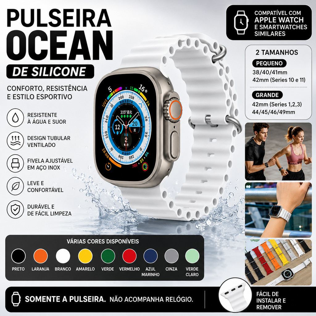 Pulseira Ocean Silicone Apple Watch Series SE SE2 SE3 Ultra 1 2 3 Smartwatch 38 40 41 42 44 45 47 49mm Esportiva Unissex
