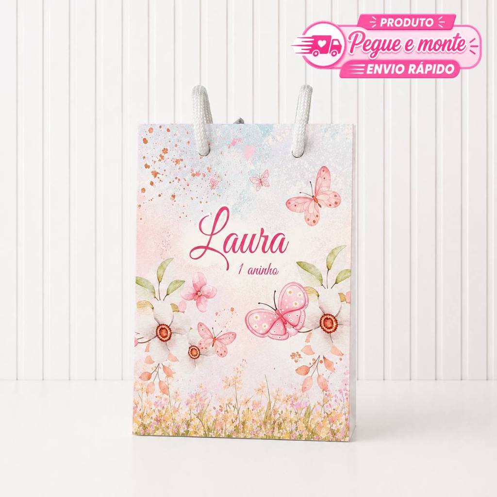 Sacolinha Pequena Jardim das Borboletas Personalizada  Lembrancinha Para Festa Infantil Aniversário