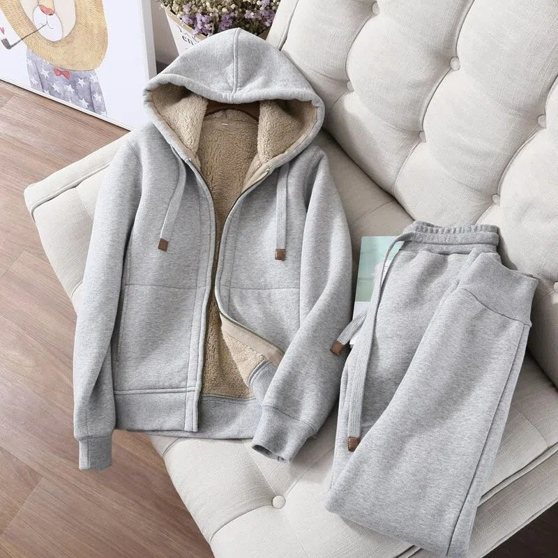 Conjunto feminino para esportes e lazer de inverno, forrado com fleece e espesso, de cor sólida simples, corte ajustado,