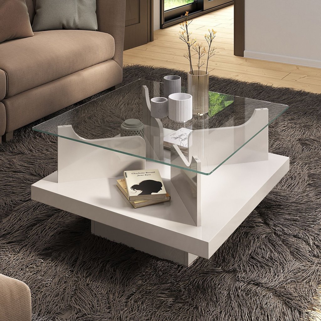 Mesa de Centro Tampo em Vidro Base em Tamburato 50mm Clear Branco