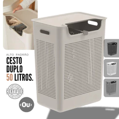Cesto de Roupas 50 Litros com Divisória Duplo Compartimento Ajustável Tampa Abertura Frontal Flow OU