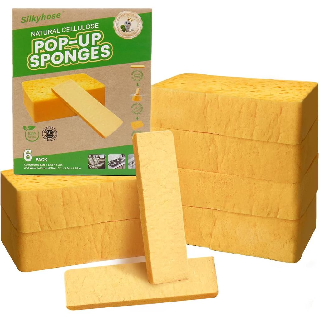 Pacote com 6 Esponjas de Celulose Pop-Up |   Grande, Espesso e Resistente a Rasgos |   Esponjas Comprimidas Biodegradáve