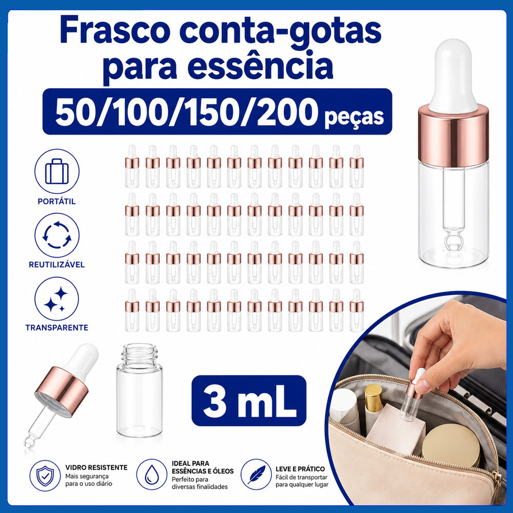 Tubos Conta-Gotas de Vidro 3mL Rosé Dourado 50/100/150/200 Peças para Perfumaria, Maquiagem, Essências e Amostras