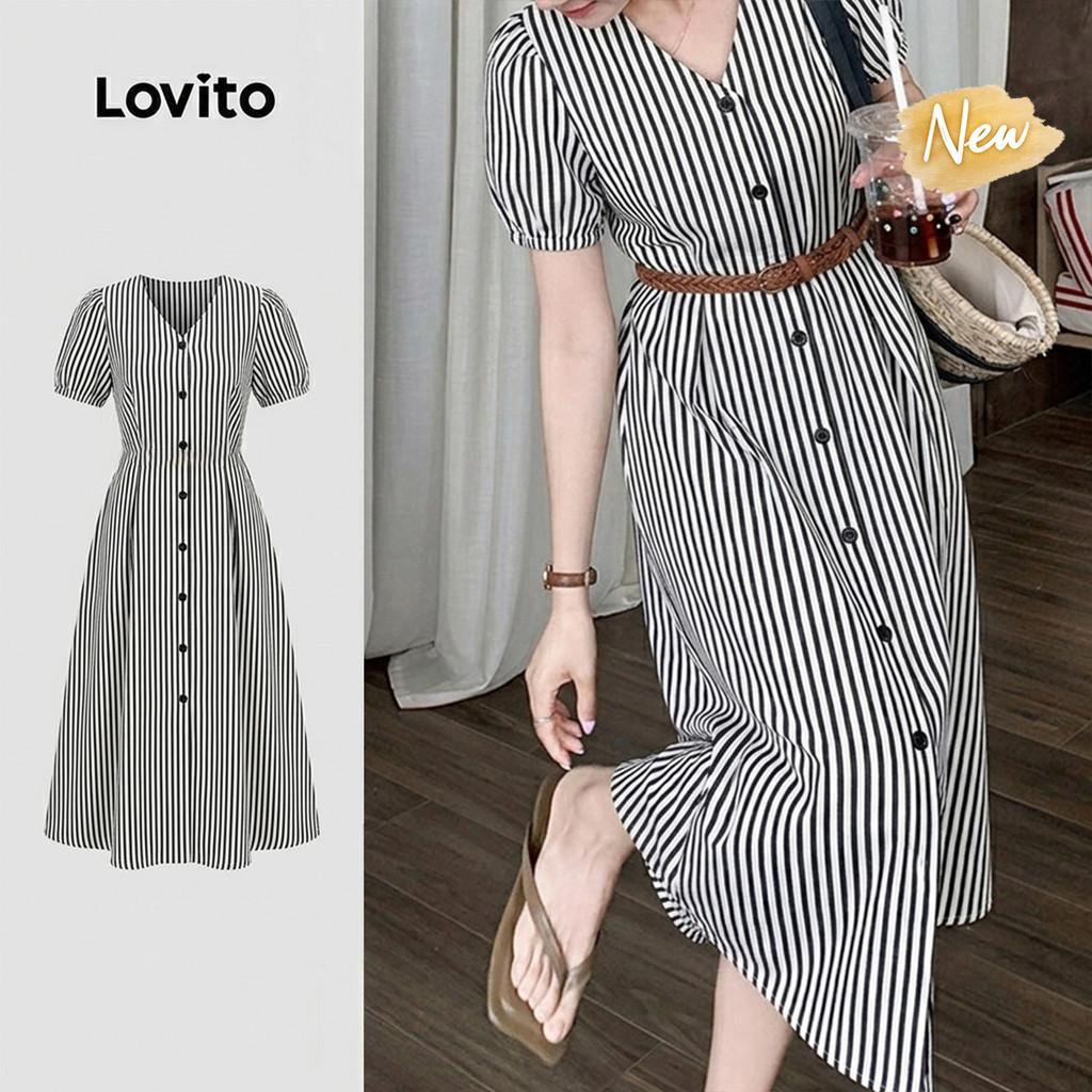 (New Arrival) Lovito Vestido Casual Feminino Preto e Branco com Botões e Pregas