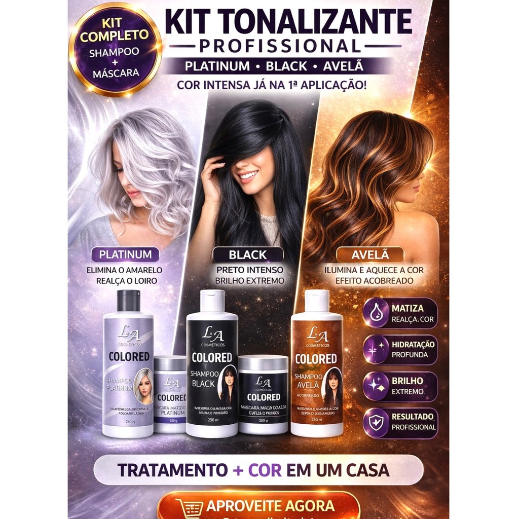 Kit Shampoo e Máscara Tonalizante Avelã Acobreado Chocolate Morena Iluminada, preto,Platinum - S/ Amônea 2X 300ml