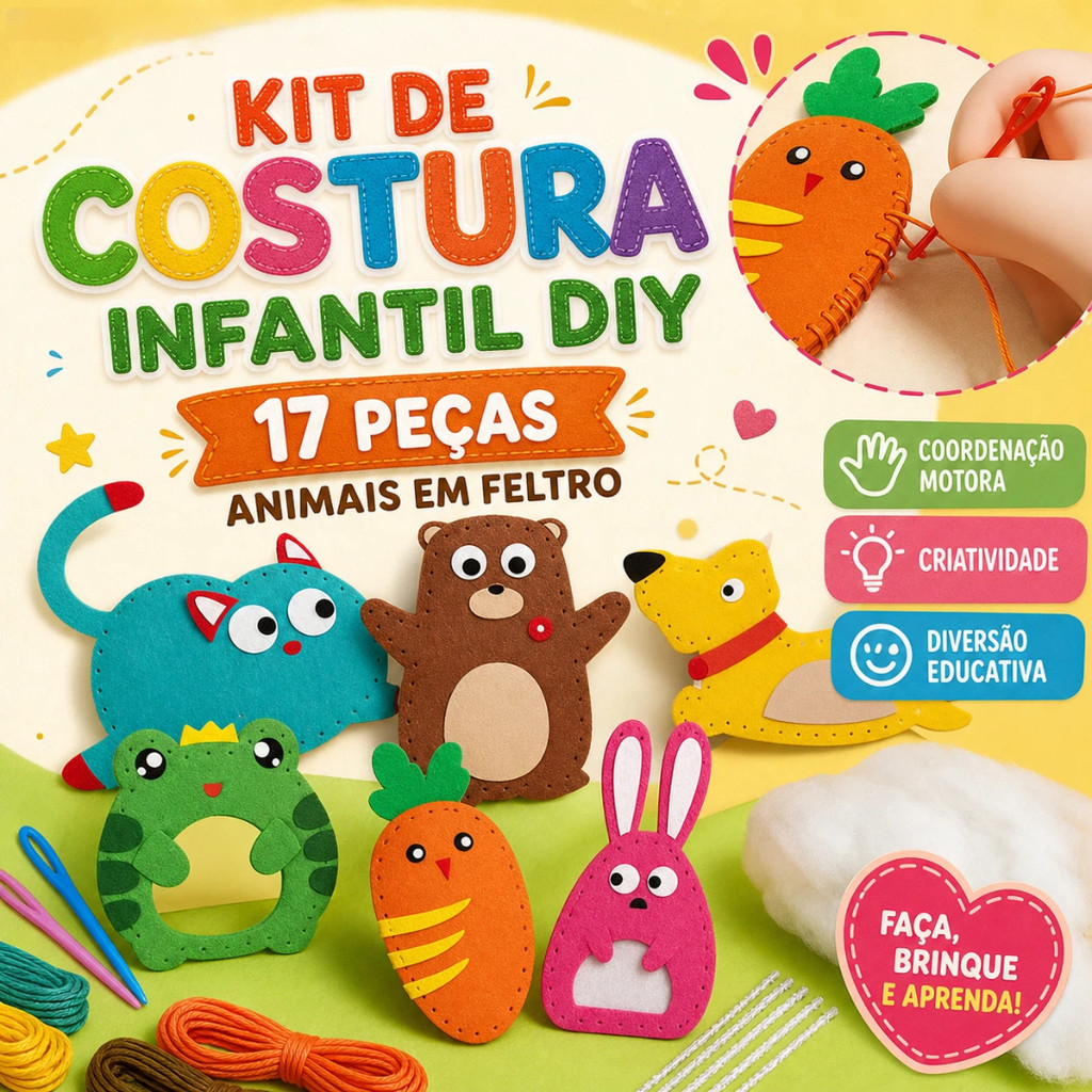 Kit de Costura Infantil DIY 17 Peças Animais em Feltro Artesanato Educativo Coordenação Motora