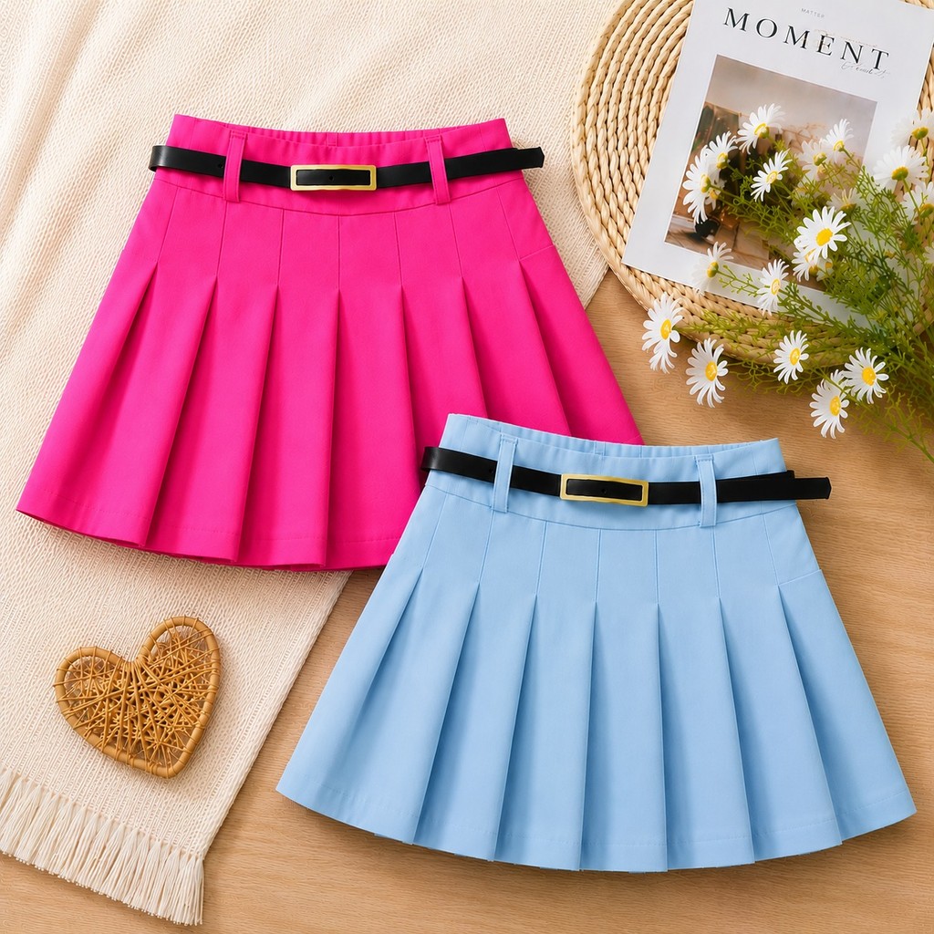 Kit 4 Peças Short Saia Infantil Plissado Com Cinto Moda Menina Casual Escolar 4 ao 12 Anos