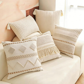 Conjunto com 2 Capas de Almofada Tufadas com Franjas, Mistura Algodão‑Linho Creme Estilo Boêmio Minimalista
