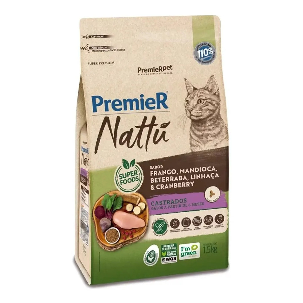 Premier Nattu Gatos Castrados Frango Mandioca 1,5kg