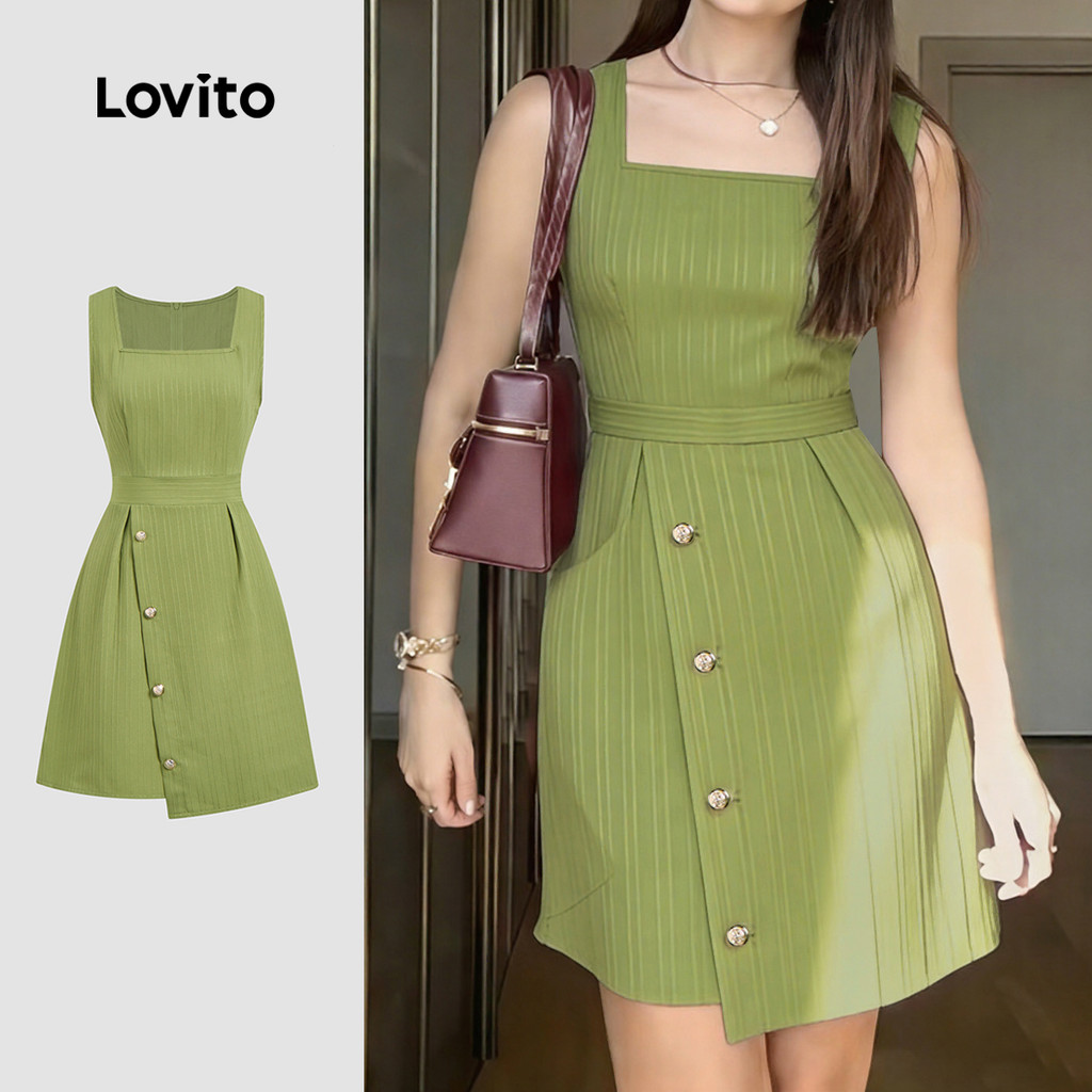 (New Arrival) Lovito Vestido Verde Claro Assimétrico Casual de Botão para Mulher