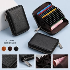 Porta Cartão Feminino com Zíper Couro Sintético Slim Multi-slot Compacto Bolsa Carteira Feminina
