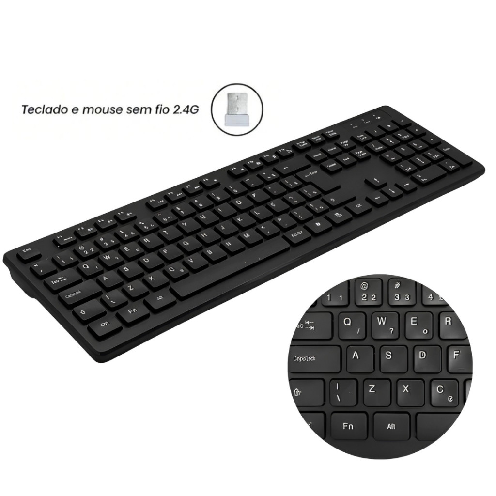 Teclado Sem Fio ABNT2 2.4GHz Preto Branco Silencioso Slim Home Office Para Computador