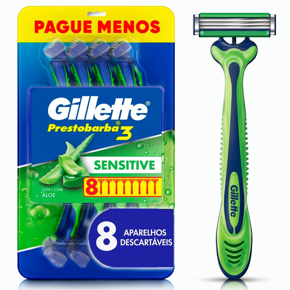 Aparelho de Barbear Gillette Prestobarba3 Sensitive Leve 8 Pague 6 Unidades