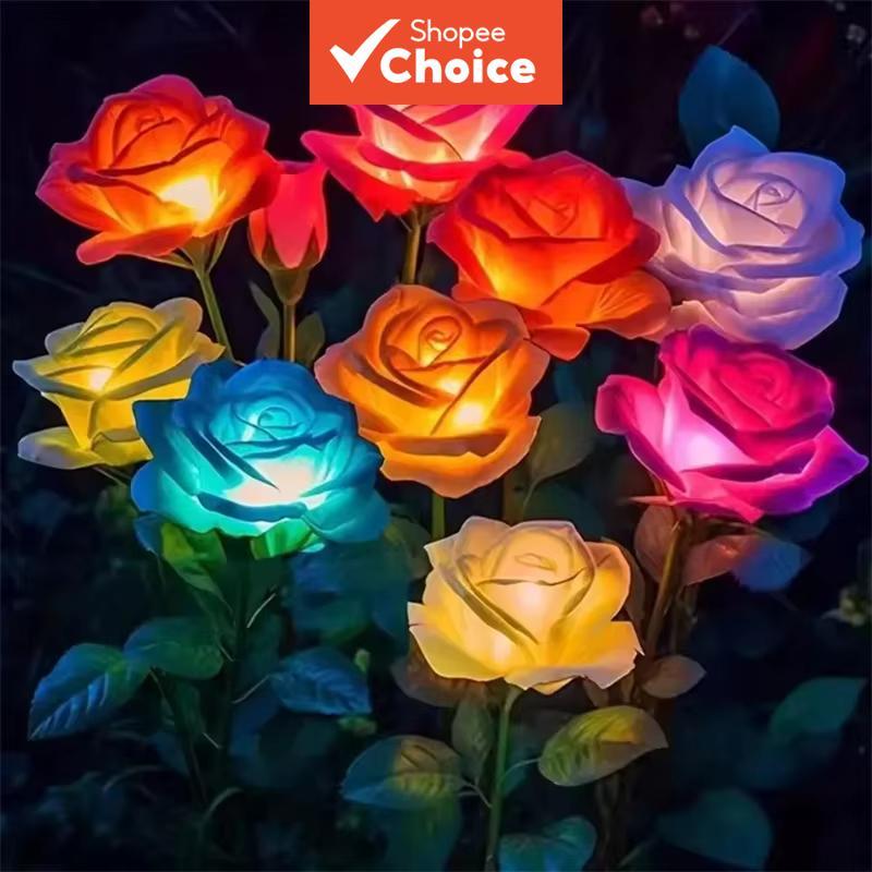 Lâmpada de gramado LED solar externa com 5 cabeças de flores de rosa artificial para decoração de jardim, festas de