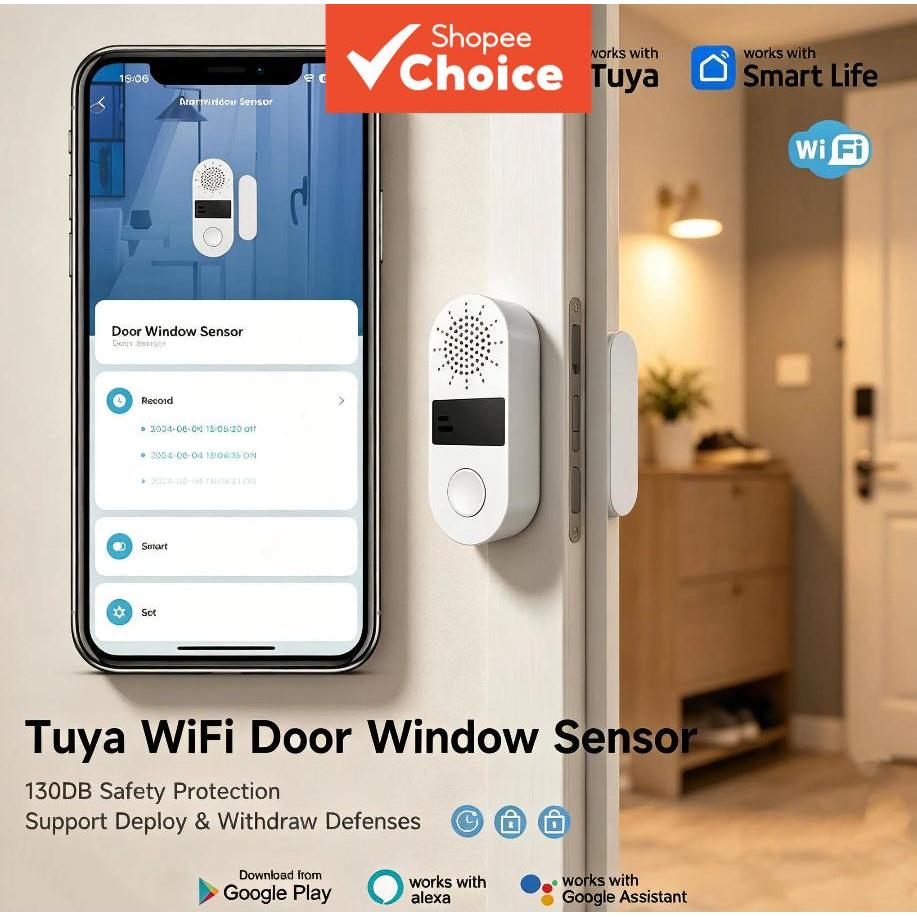 Outros Para Tuya WiFi/Zigbee Sensor De Janela De Porta 130DB Alarme De Luz Sonora Sem Fio Smart Life APP Controle Google