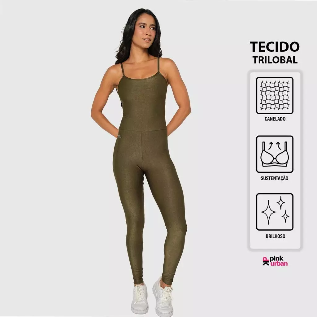 Macacão Fitness Canelado Brilhoso Lux Trilobal Alcinha Slim Longo Crossfit — imagem 1