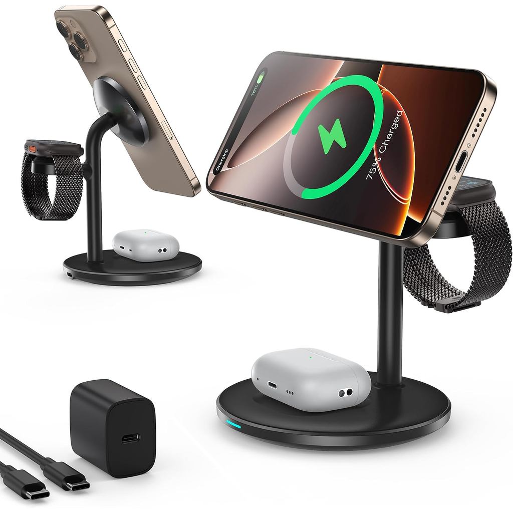 Estação de Carregamento Sem Fio 3 em 1 para Dispositivos Apple com Carregador Ma