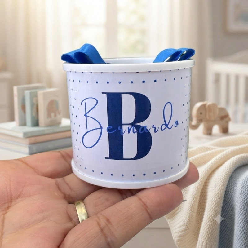 Kit Tubo Lata Personalizada Lembrancinha Batizado Maternidade Festa Infantil Casamento Chá de Bebê 5x6