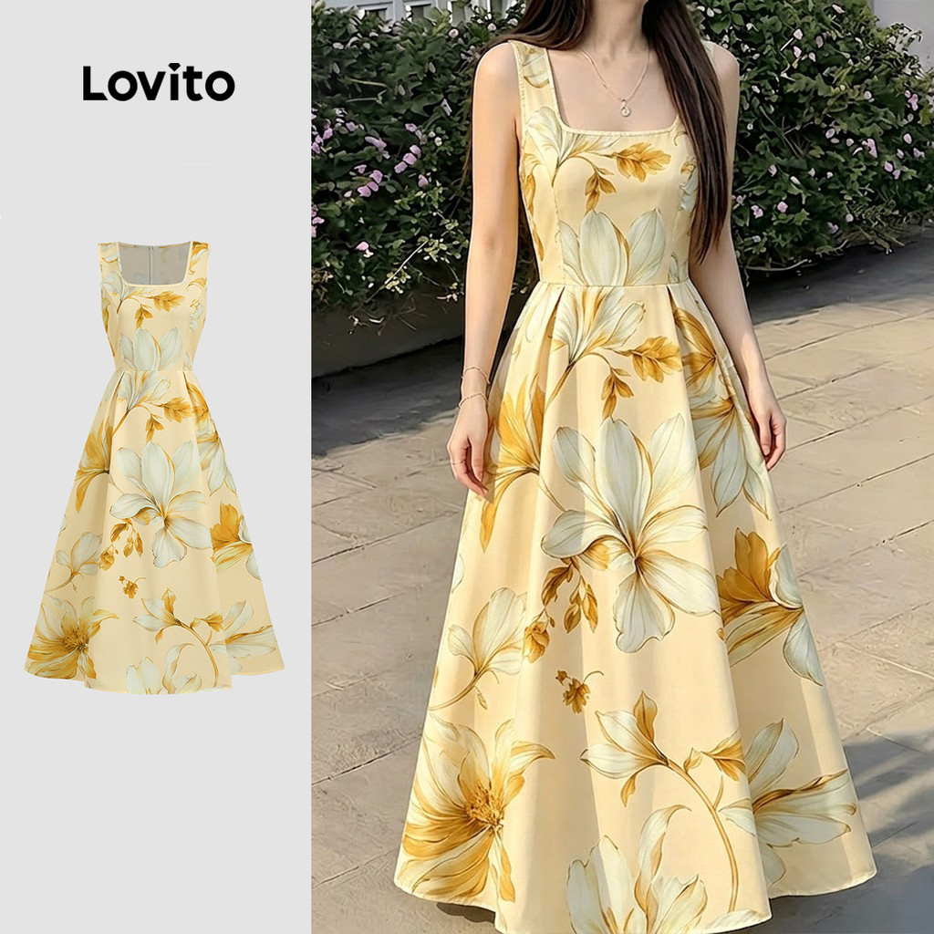 (New Arrival) Lovito Vestido Casual com Zíper Padrão de Vestido de Primavera/ver