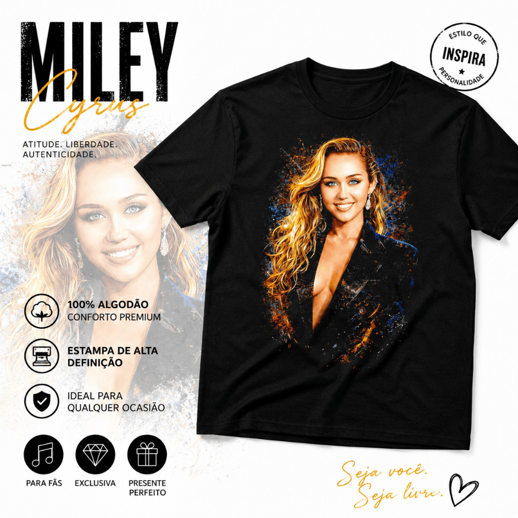 Camiseta Miley Cyrus | 100% Algodão | Estampa Cantora Música Pop | Confortável | Adulto e Infantil | Feminina Masculina