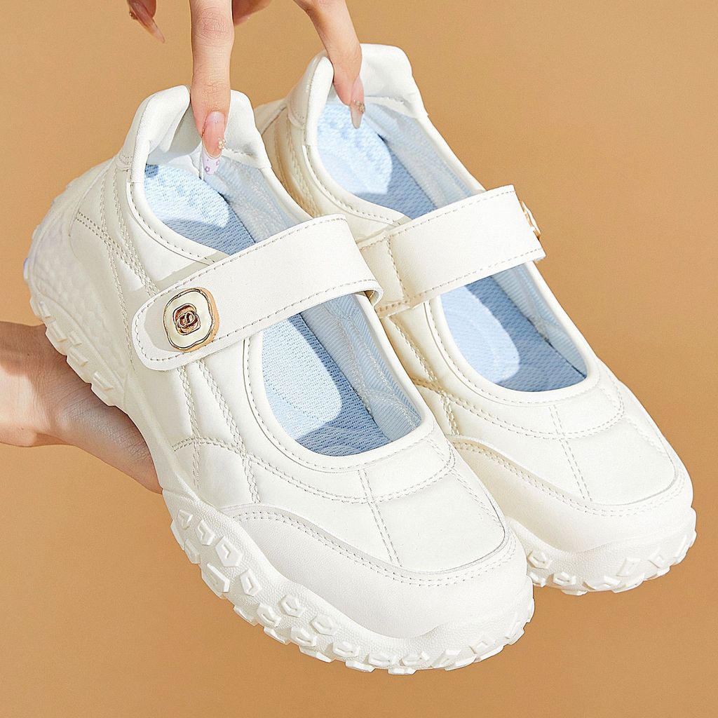 Sapatos femininos com solas tipo pneu, sapatos rasos de calçar com velcro, sapatos casuais baixos, sapatos Mary Jane bra
