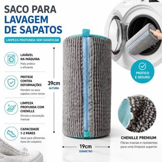 Saco Protetor para Lavar Sapatos na Máquina, Tecido Chenille Macio, Evita Deformação e Desgaste