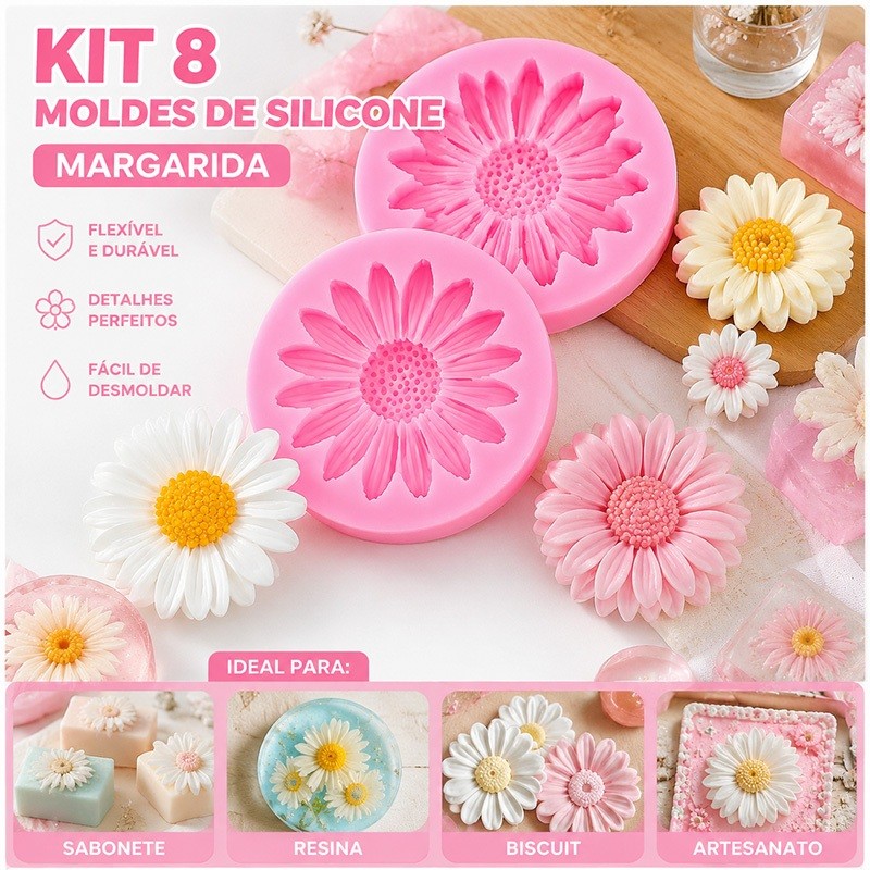 Kit 8 Moldes Silicone Flores Margarida para Resina Epóxi, Sabonete, Biscuit e Artesanato DIY