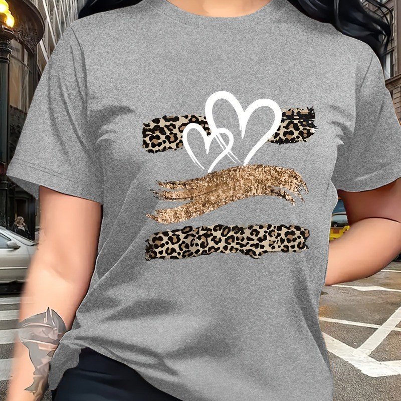 Camiseta Blusa Over Feminina Leopardo com Corações e Glitter Estampada 100% Algodão Fashion Moderna Estilosa