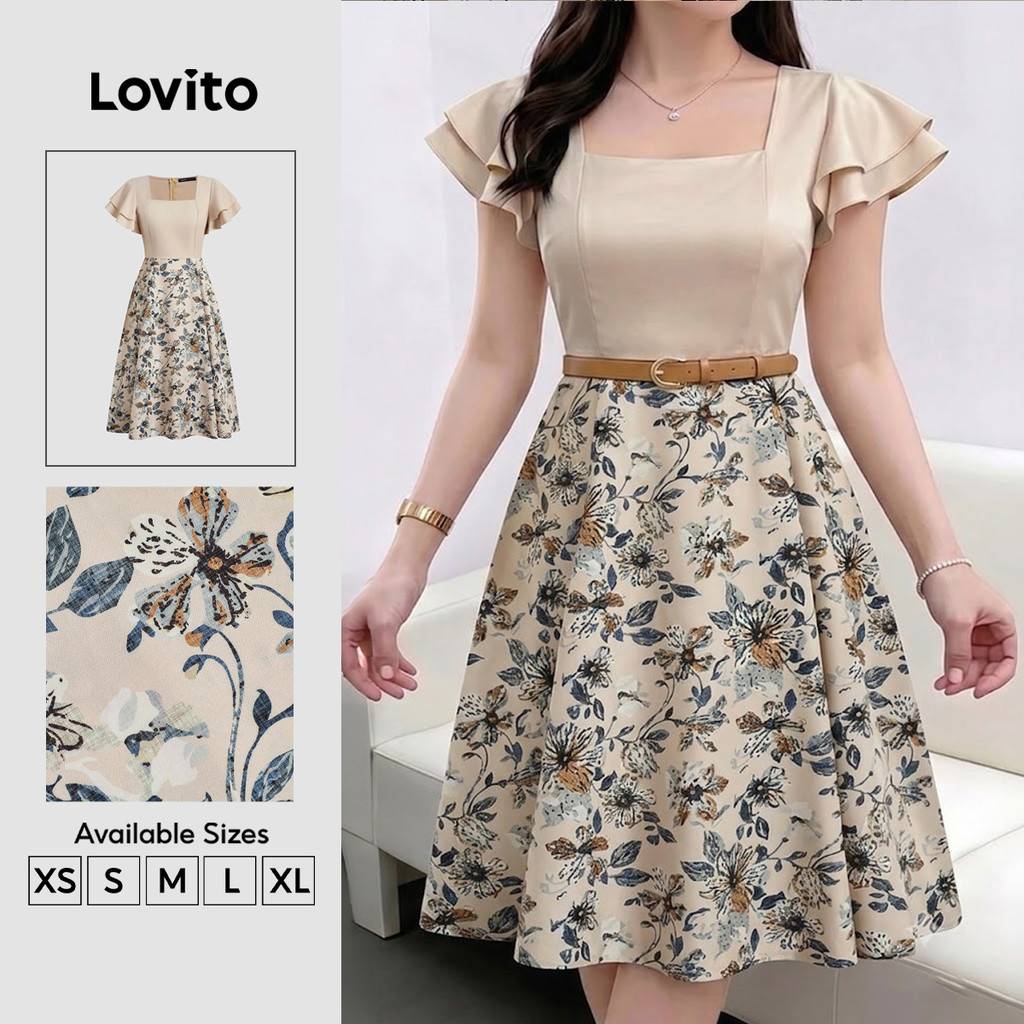 (New Arrival) Lovito Vestido Longo Casual Floral Com Zíper Falso 2 Em 1 E Babados Estilo Retrô Para Primavera/verão E Fins De Semana Ideal Para Mulheres DRB201P1D734