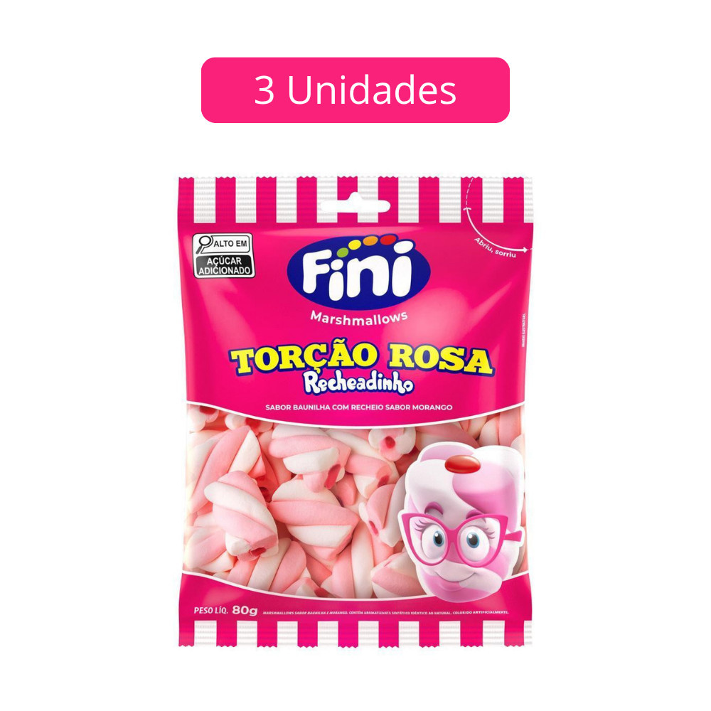 Kit 3 Pacotes de Marshmallow Recheado Rosa Branco 80g Fini