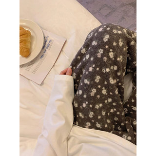Calças de pijama florais femininas outono inverno Coral velo engrossado quente pode usar calças casuais externas com bol