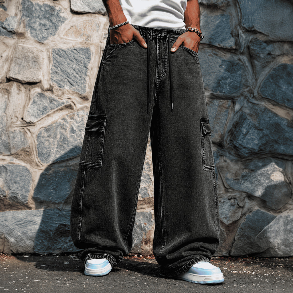Calça Cargo Masculina 6 Bolsos Sarja Streetwear Tática Jogger Larga Casual Urbana Militar Hip Hop Skate Confortável