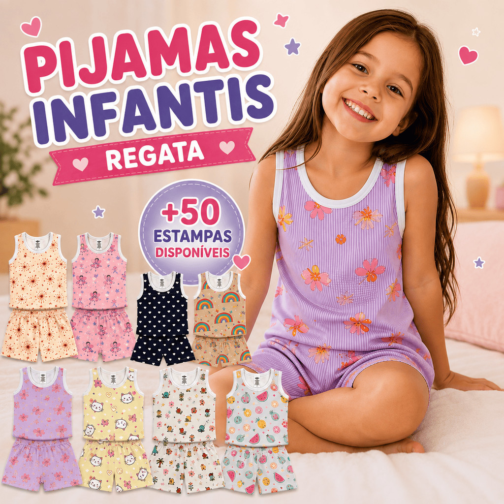 Pijama Regata Infantil Criança Menina Manga Curta Verão Calor Roupa de Dormir Estampas Sortidas Baby Doll