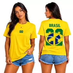 Camisa Unissex 22 100% Algodão Amarela com Bandeira do Brasil e Número 22