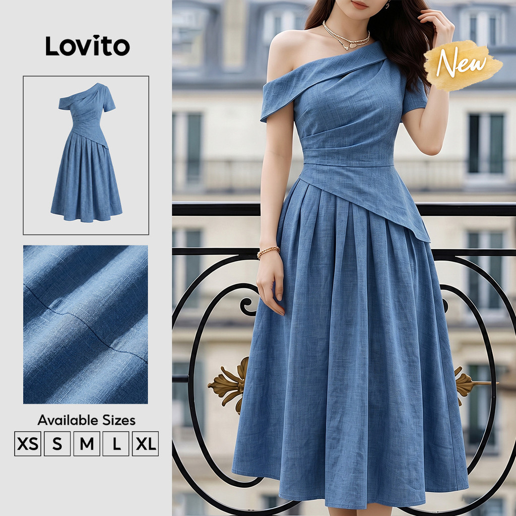 (New Arrival) Lovito Vestido Elegante com Ombro À Mostra Efeito Falso 2 em 1 Assimétrico Cáqui Primavera/verão para mulheres DRK9P1D182