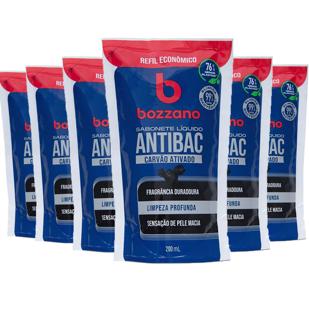 Kit Sabonete Líquido Antibacteriano Bozzano Carvão Ativado Refil 200ml - 6 Unidades