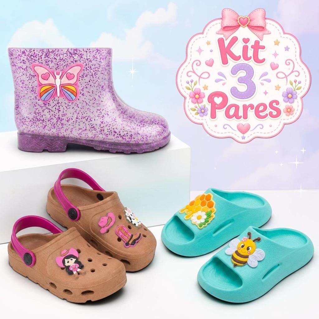 Kit 3 Pares Sandália Babuche Infantil Galocha Bota Menina Leve Confortável Lançamento
