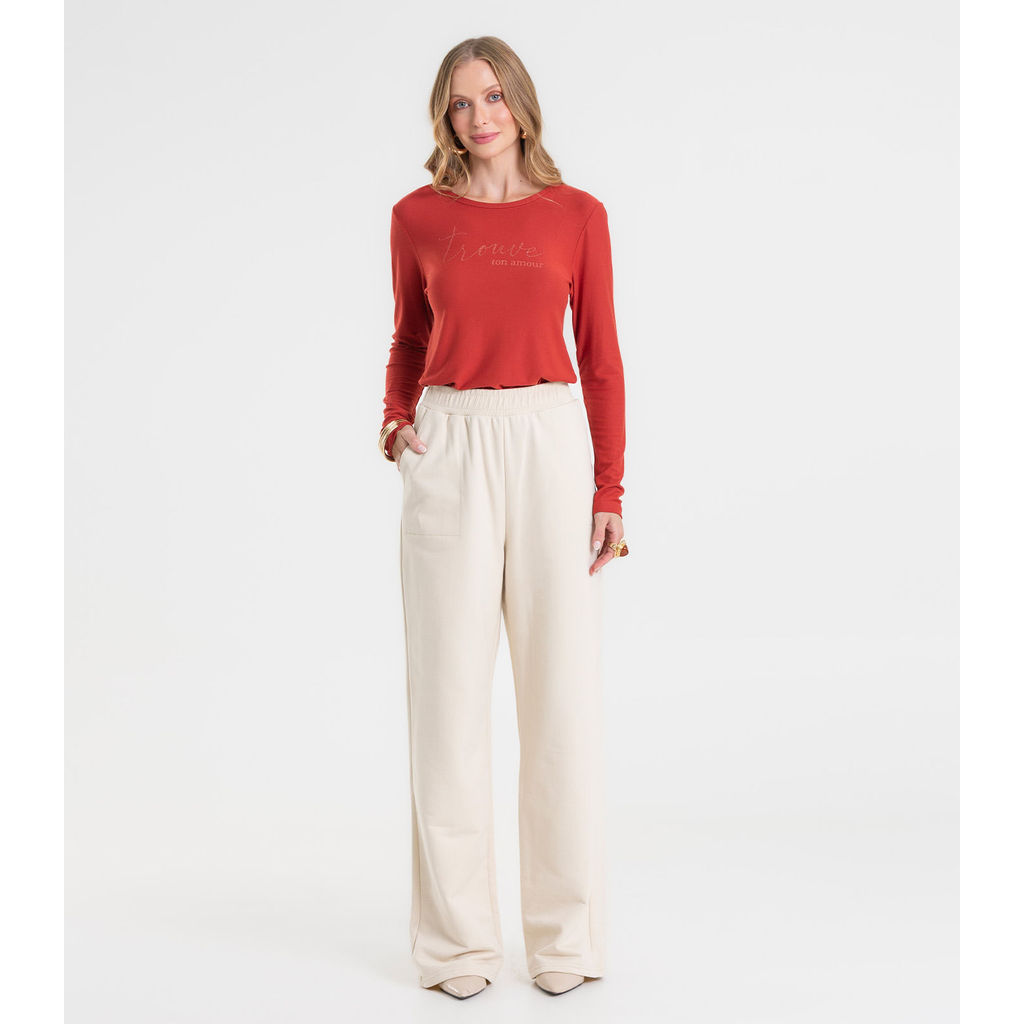 Calça Wide Leg Moletom Peluciado Básico Rovitex Bege